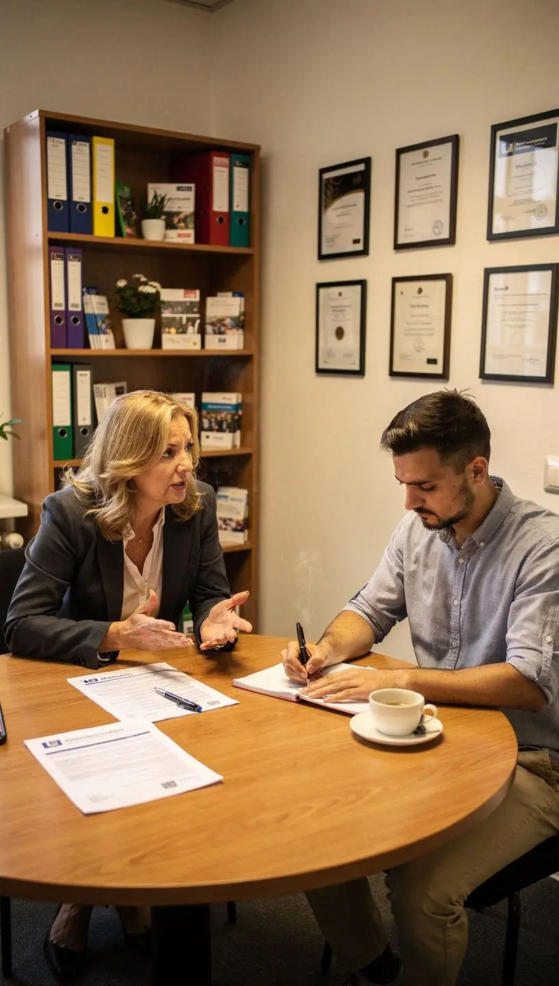 Moderne Versicherungsbüro mit Informationsmaterialien zur Kfz-Versicherung für Kunden